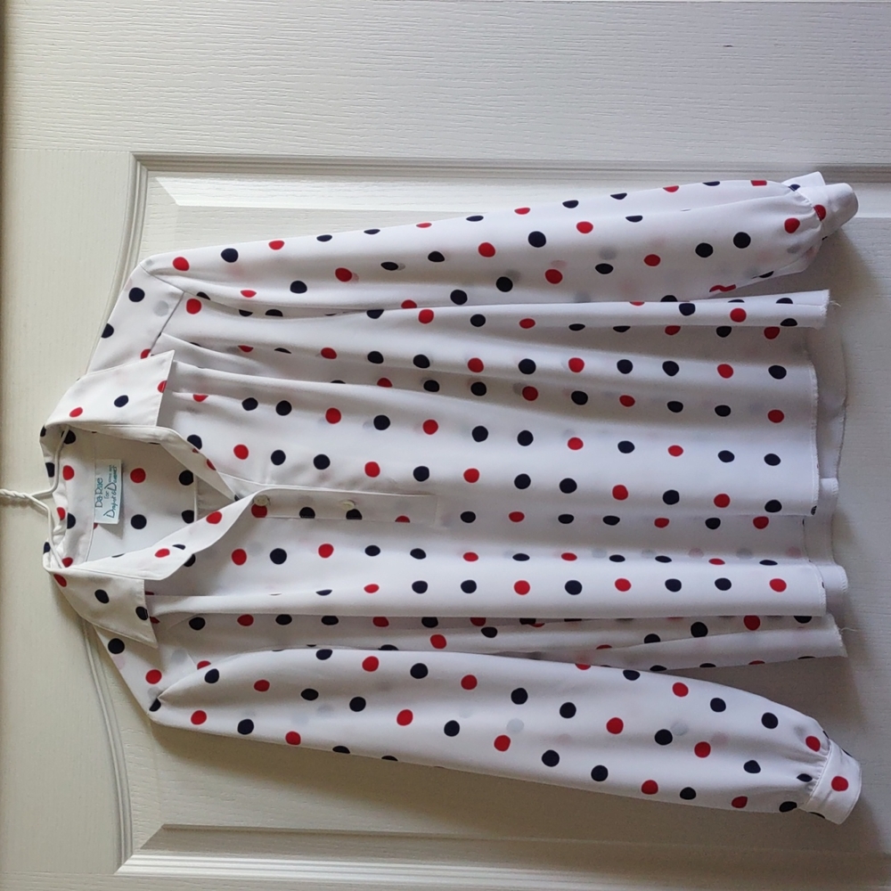 Da Rue for Draper's and Damon's Navy Blue and Red Polka Dot Collared Blouse,